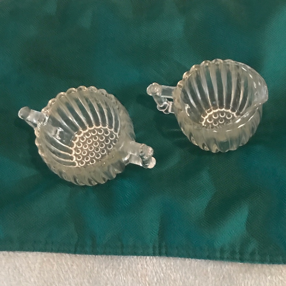 Vintage Jeanette depression glass, ribbed, National cream, and sugar set.